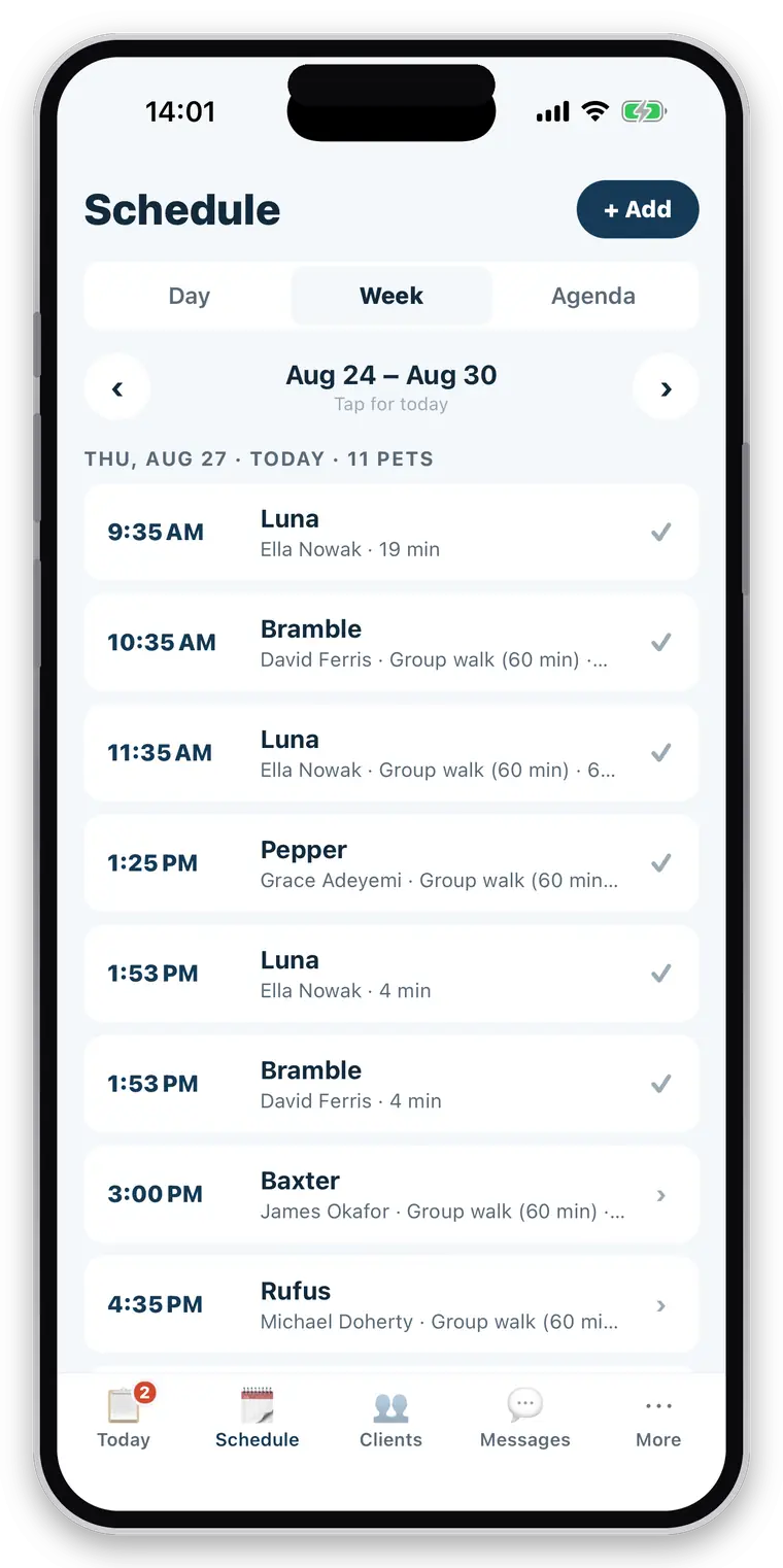 the schedule in week view — a day's walks and visits in time order, with the finished ones ticked