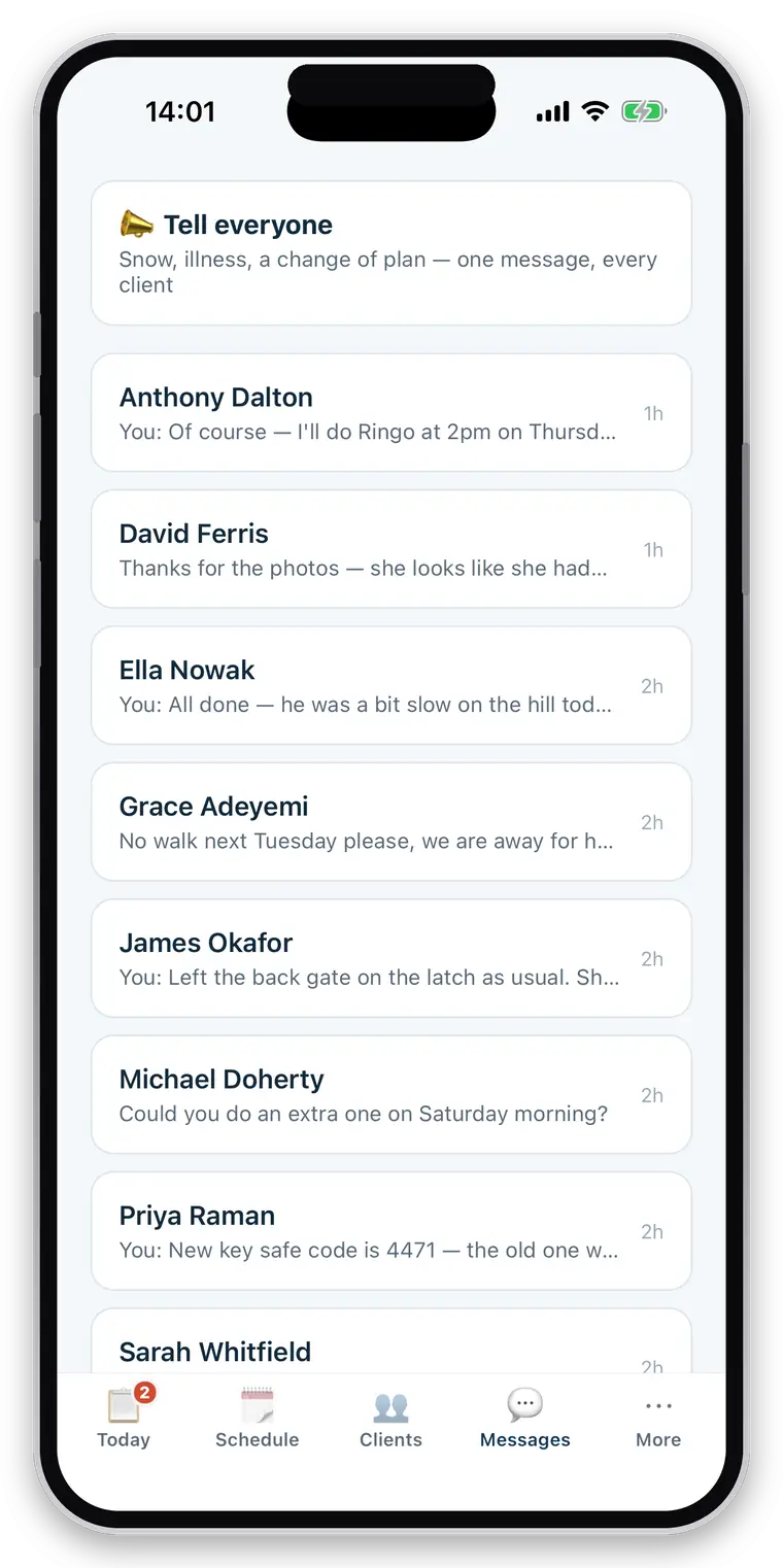 client message threads, with “Tell everyone” at the top for a single announcement to every client