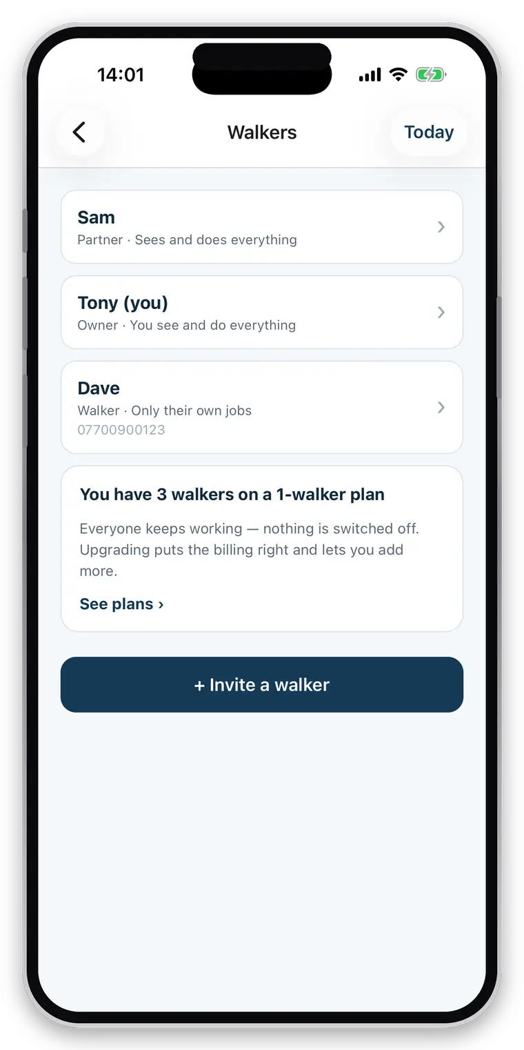 the walkers screen — a partner who sees and does everything, the owner, and an employee limited to their own jobs