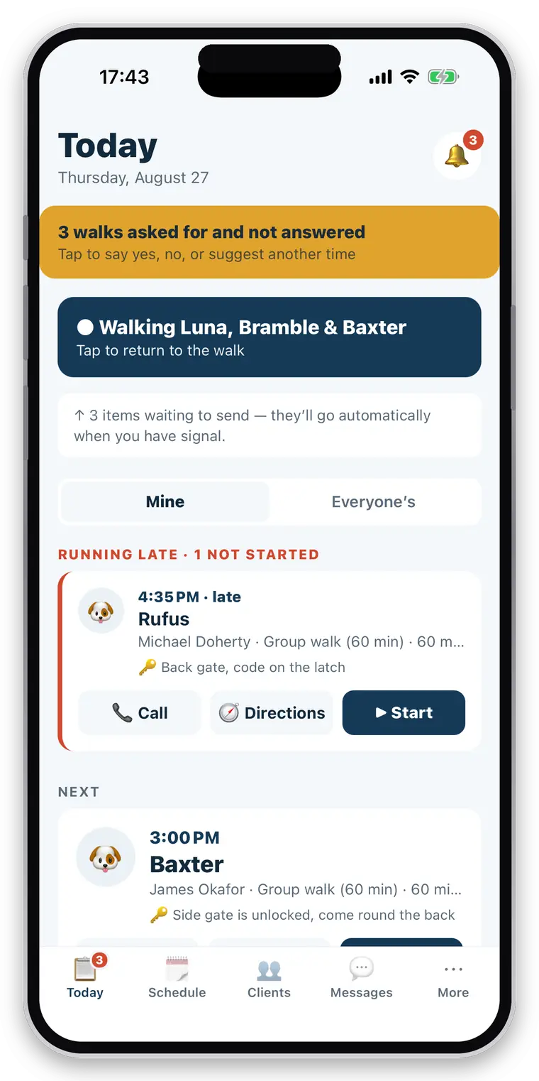 the Today screen with three items waiting to send — they go automatically when signal returns