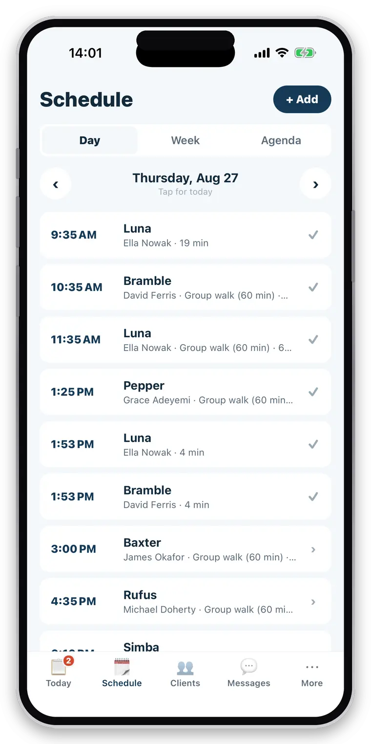 the schedule in day view — one day's jobs in time order