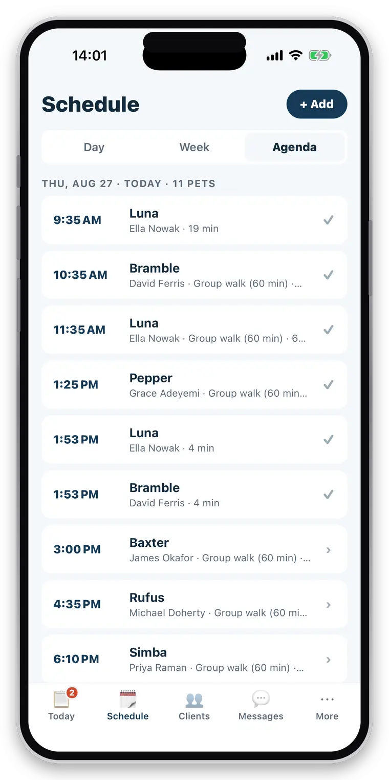 the schedule in agenda view — the days ahead, already filled in by the recurring pattern