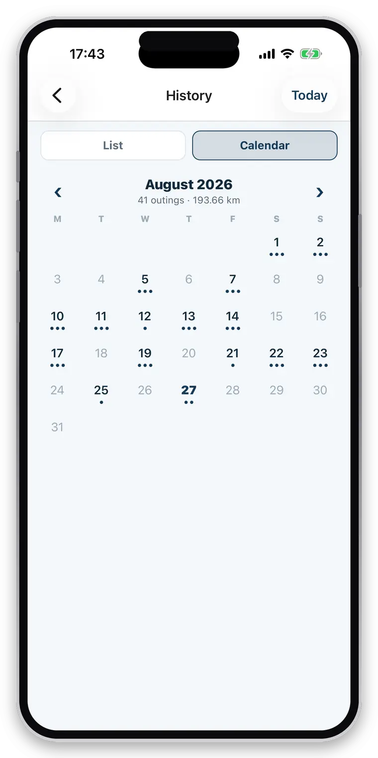 history in calendar view — 41 outings and 193.66 km across the month