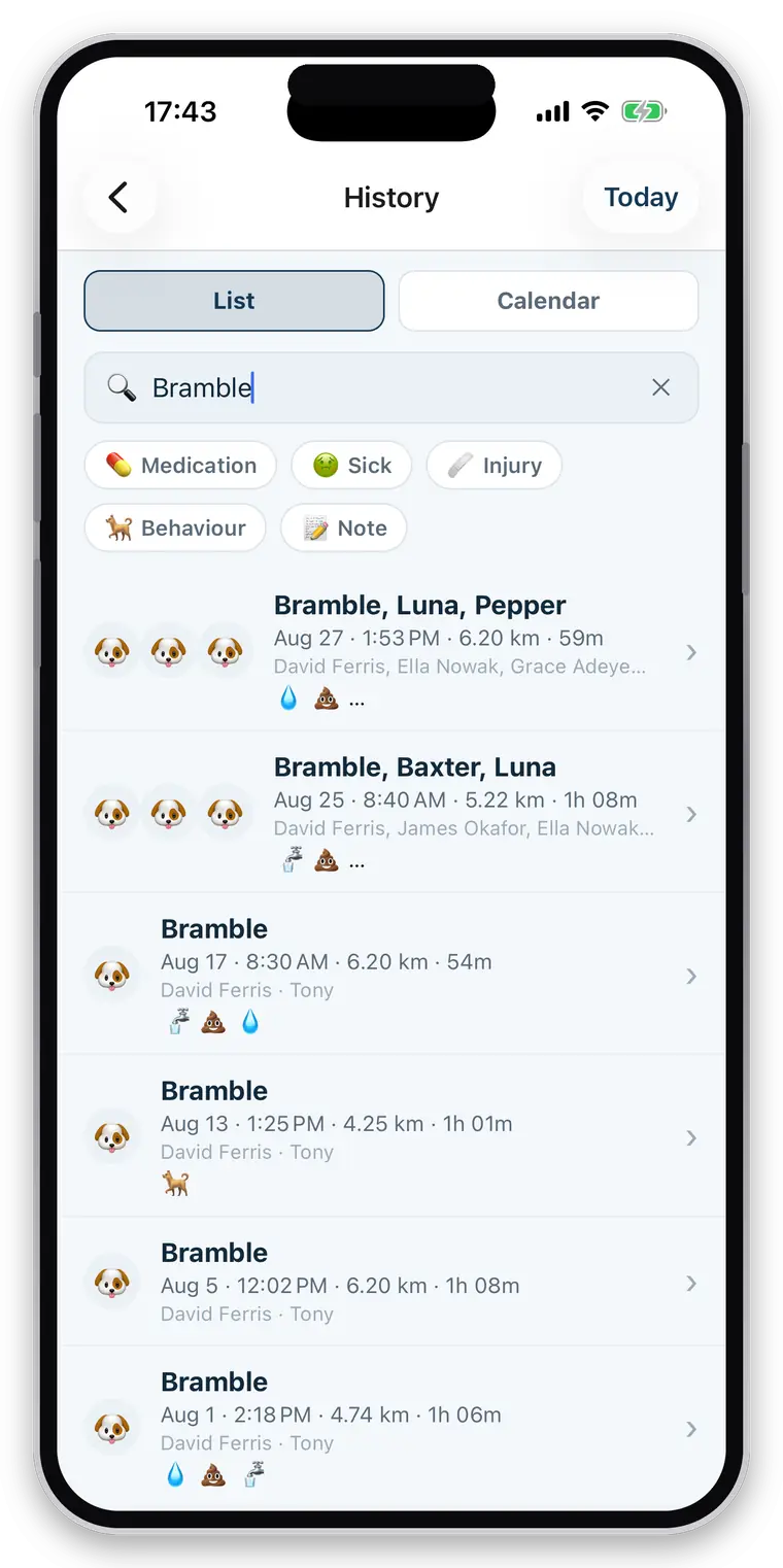 searching the history for one dog, showing every walk it appears in