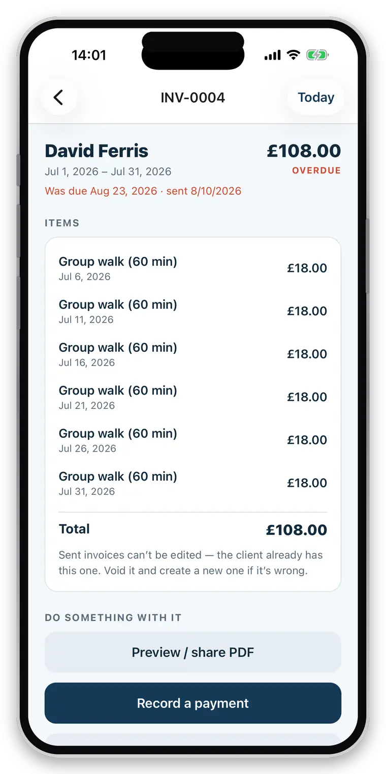 an overdue invoice — each walk as its own dated line, the total, and buttons to share the PDF or record a payment
