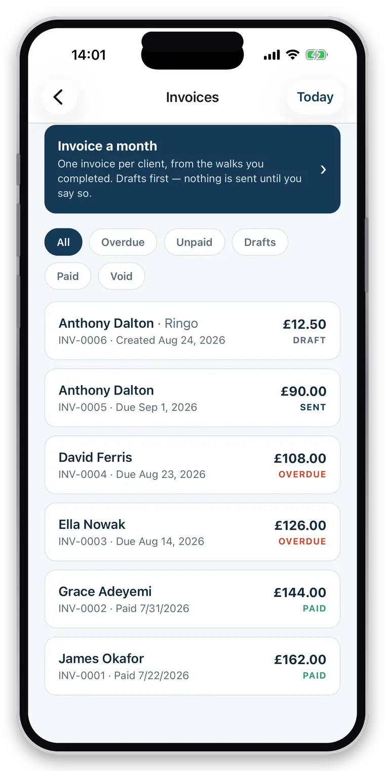 the invoice list filtered by state — draft, sent, overdue and paid