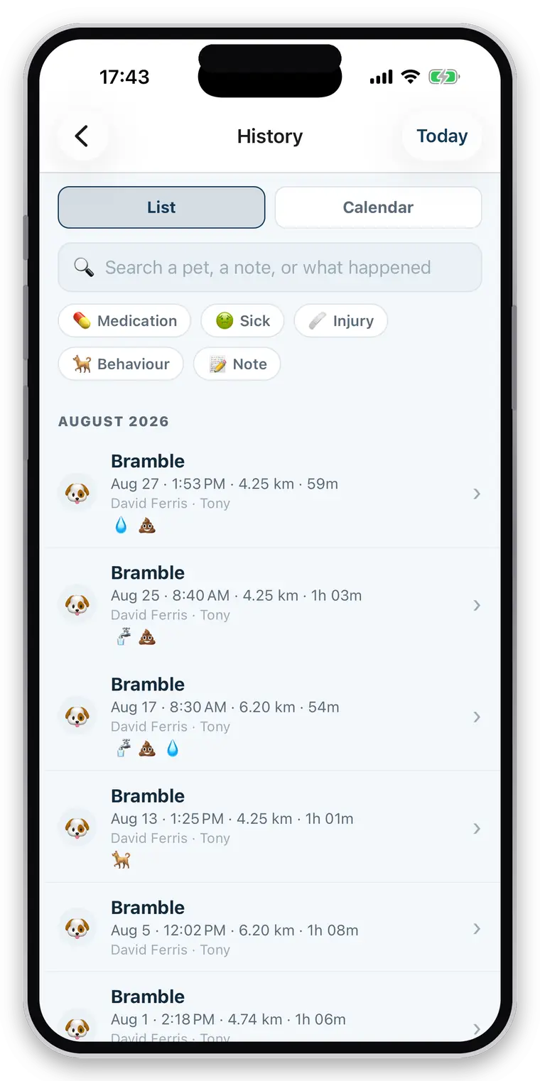 one client's history — every walk done for their dog, with distance, duration and who recorded it
