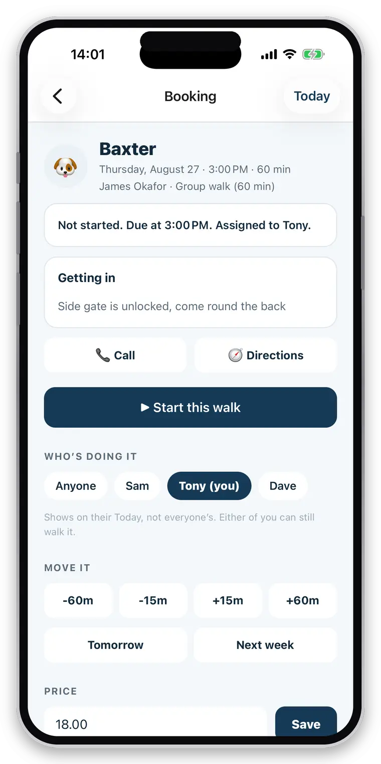 a booking — who it is for, the way in, who it is assigned to, buttons to move it, and its price
